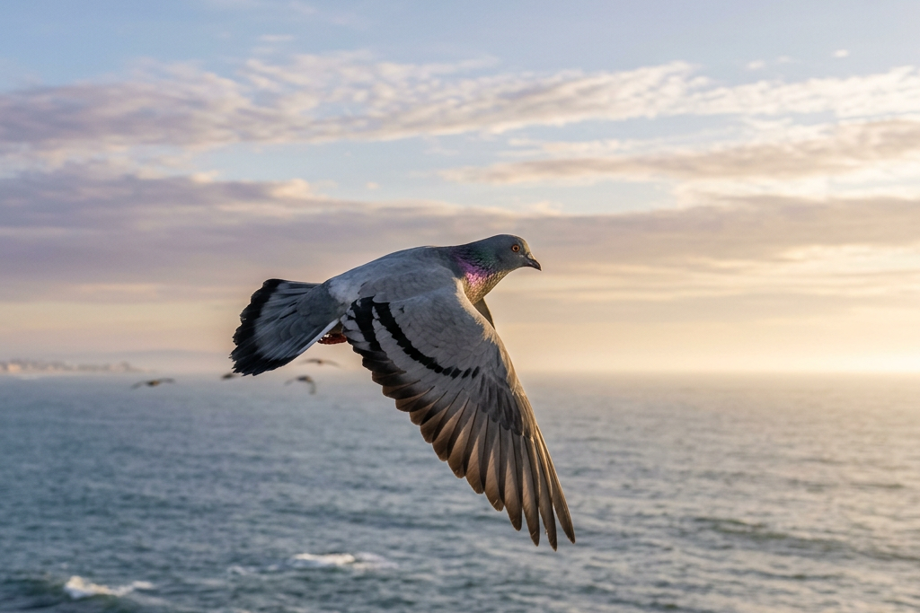 Pigeon flying over ocean with sunset and clouds
